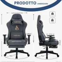Sedia gaming con poggiapiedi, in similvelluto traspirante, regolabile in altezza con molla a gas, girevole, 70x70x135 cm, Grigio(m-3)