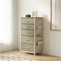 HOMCOM Chest of Drawers, Dresser with 5 Fabric Drawers, Tall Storage Unit with 4 Pockets and 2 Hooks Steel Frame, Natural Wood(m-14)