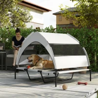 PawHut Hondenbed Outdoor met Dak, Verhoogd Hondenbed voor Extra Grote Honden, met Stalen Frame, 122x92x94cm, Lichtgrijs(m-9)