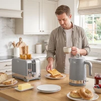 HOMCOM waterkoker- en broodroosterset, 1,7 l, 2200 W snelkook-waterkoker met thermostaat, 2-sneetjes broodrooster, grijs(m-9)