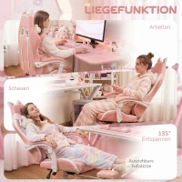 HOMCOM Gamingstoel met kattenoren, kantelbare leuning, uitschuifbare voetensteun, tot 120 kg, Roze/Wit(m-8)