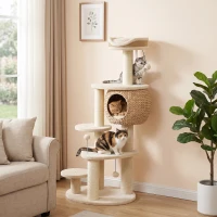 PawHut Grote krabpaal van 132 cm met handgevlochten kattenhuis van lisdodde, sisalpalen, ligbed, 3 speelballen en anti-kantelband, voor 1-2 katten tot 6 kg(m-9)