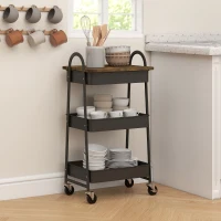 HOMCOM 3-Tier Kitchen Storage Trolley with on Wheels Cover Top Board - Rustic Brown and Black(m-10)