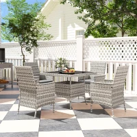 Outsunny Rattan Garden Furniture Set, Outdoor Dining Table and Chairs 4 Seater with Cushions, Square Tempered Glass Top, 4 Armchairs, for Balcony, Terrace, Conservatory, Mixed-Grey(m-10)