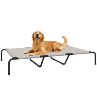 PawHut Hondenligbed Outdoor, Verhoogd hondenbed voor grote honden, met stalen frame, ademend netweefsel, 152x94x23 cm, Beige(m-11)