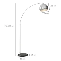 HOMCOM Booglamp, Staande Lamp, Verstelbaar, Voetschakelaar, Voet in Marmerlook, 170-180cm, Zilver/Zwart(m-3)