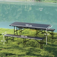 Outsunny Picknicktafel en Banken, 3-Delige Set, Opvouwbaar, Kunststof, Metaal, Zwart(m-3)