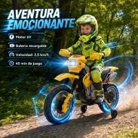 HOMCOM Moto Eléctrica para Niños con Ruedas de Apoyo Desmontables Faros y Música para Niños 3-6 Años Amarillo(m-4)