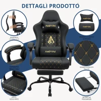 Sedia da gaming con poggiapiedi, morbido cuscino per collo e lombare, cuscini di supporto rimovibili, 60x60x122 cm, Nero(m-1)