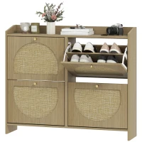 HOMCOM Zapatero Estrecho con 4 Puertas de Ratán con Estantes Ajustables para 16 Pares de Zapatos 104,5x24x88 cm Natural(m-11)