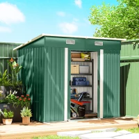 Outsunny 7 x 4ft Outdoor Storage Shed with Foundation Kit, Lean to Metal Garden Shed for Log, Rubbish Bin, Tool, Bike, Green(m-10)