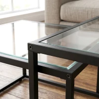HOMCOM Salontafelset 2-delig Rond stapelbaar met gehard glazen blad en metalen frame, voor woonkamer Zwart(m-12)