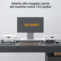HOMCOM Supporto per Monitor da Scrivania con 2 Cassetti, 3 Spazi Sottostanti, Fino a 14kg, 60-116x22x12 cm, Bianco(m-7)
