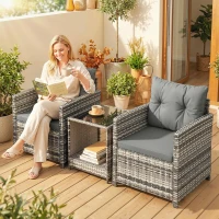 Outsunny Salon de Jardin Extérieur 3 Pièces en Résine Tressée Table et 2 Fauteuils avec Coussins, 62x65x75cm, Gris Clair(m-11)