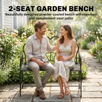 Outsunny Metal Garden Bench Loveseat with Slatted Seat, Black(m-4)