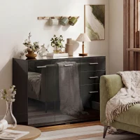 HOMCOM Sideboard, Modern Storage Cabinet with 2 Drawers, 3 Doors and Adjustable Shelves, High Gloss Black(m-2)