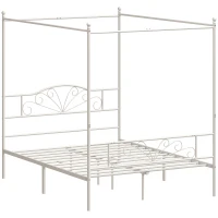 HOMCOM Canopy Bed Frame King Size, Metal Platform Bed Frame with Headboard and Footboard, Underbed Storage, White(m-1)