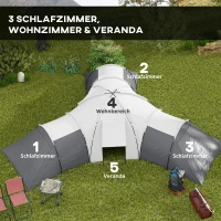 Outsunny Kampeertent voor 6-9 personen, 4 kamers, voortent, waterdicht, 615x 615x225cm, Grijs(m-4)