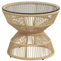 Outsunny Buitentafel Bijzettafel Tuinmeubel Rattan Bijzettafel, Glazen Blad, PE-Rattan, 60 cm x 60 cm x 50 cm, Natuurlijk(m-10)