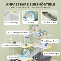 PawHut Dwerghamsterkooi, 4 niveaus, tunnelsysteem, hut, accessoires, bovenopening, 78 x 45 x 73 cm, Grijs(m-6)