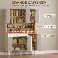 HOMCOM Credenza Cucina con Ripiani Aperti, 4 Armadietti e Cassetto, in Legno e Metallo, 120x40x175 cm, Bianco e Legno(m-4)