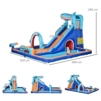 Outsunny 6 in 1 Shark-Themed Bouncy Castle, Inflatable Water Park, with Slide, Pool, Trampoline, Blower, for Ages 3-8 Years(m-3)