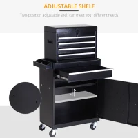 DURHAND Tool Chest 2 in 1 Metal Tool Cabinet Storage Box with 5 Drawers Pegboard Wheels 60x28x104.5cm Black(m-9)
