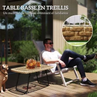 Outsunny Table d'appoint de jardin en résine tressée, 90x50x45cm, table basse de jardin avec plateau en verre trempé, naturel(m-4)