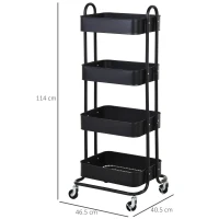 HOMCOM Metal 4-Tier Mobile Storage Serving Trolly Rolling Utility Cart Organiser Kitchen Mesh Bottom Black(m-3)