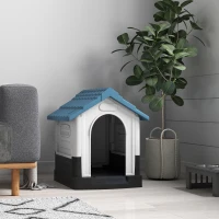 PawHut Cușcă pentru Câini de Exterior din Plastic, Căsuță pentru Câini Mici cu Ferestre, Acoperiș Înclinat și Bază Ridicată, 64,5 x 57 x 66 cm, Albastru(m-8)