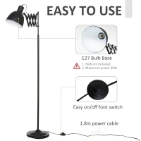 HOMCOM Lampada da Terra 140cm con Paralume Regolabile ed Estraibile, Base Rotonda, Interruttore a Pedale in Metallo Nero(m-5)