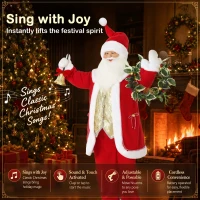 HOMCOM 5ft Life Size Singing Santa Claus, Standing Christmas Animated Santa Figure with Bell and Wreath, Sound/Touch Activated(m-4)