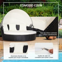 Outsunny Isla de Ratán Modular para Exterior 5 Piezas Tumbona Redonda con Toldo Plegable Cojines Extraíbles Lavables y 3 Almohadas Marco de Metal 175x180x147 cm Negro y Beige(m-6)