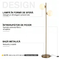HOMCOM Lampă de Podea cu 2 Lumini și Abajururi Sferice, Comutator de Picior și Soclu E27, Ø28x165 cm, Aur(m-6)