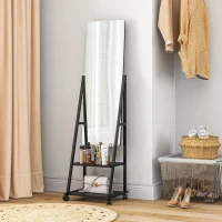 HOMCOM Free Standing Dressing Mirror, Rolling Full Length Mirror on Wheels with Adjustable Angle, Storage Shelves for Bedroom(m-2)