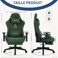 Fauteuil gaming avec repose-pieds, similicuir respirant, réglable en hauteur avec vérin à gaz, pivotant, 70x70x135 cm, Vert(m-1)