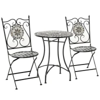 Outsunny tuinset 3-delige mozaïektafel eetgroep tuinmeubelset 1 tafel + 2 opklapbare stoelen terras metaal meerkleurig(m-10)