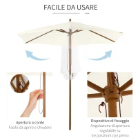 Outsunny Ombrellone da Giardino 2.5x2.3 m a 6 Stecche, in Legno e Poliestere, Bianco Crema(m-5)