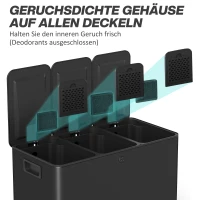 HOMCOM Afvalemmer met 3 x 15 L compartimenten, deodorantdeksels, vingerafdrukbestendig, soft-close, verwijderbaar, Zwart(m-5)