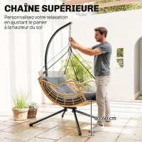 Outsunny Fauteuil suspendu en résine tressée avec support, chaise suspendue, coussin, attache de sécurité, hauteur réglable, gris(m-9)