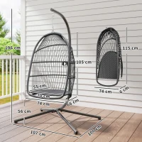 Outsunny Silla Colgante Huevo con Soporte con Cesta Plegable Cojín y Reposacabezas para Interior y Exterior Carga 150 kg Gris(m-3)