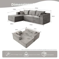 Divano angolare a L modulare con chaise longue, salvaspazio, design minimalista, seduta profonda, 279x179x83 cm, Grigio(m-3)
