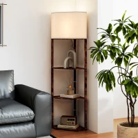 HOMCOM Corner Floor Lamp with Shelves, Tall Standing Lamps for Living Room, with Pull Chain Switch Bulb not Included, Rustic Brown(m-10)