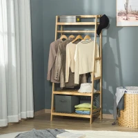 HOMCOM Perchero de Pie de Bambú Perchero Trapezoidal con Estantería de 3 Niveles con Barra y Colgador 70x42x164 cm Natural(m-2)