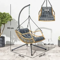 Outsunny Fauteuil suspendu en résine tressée avec support, chaise suspendue, coussin, attache de sécurité, hauteur réglable, gris(m-3)