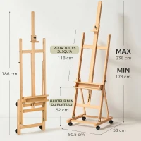 Vinsetto Chevalet d'artiste sur roulettes pliable en bois de hêtre pour toiles à peindre jusqu'à 118 cm bois naturel(m-3)