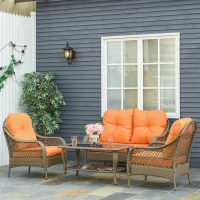 Outsunny Set Mobili da Giardino in Rattan PE con 2 Poltrone Divano a 2 Posti e Tavolo e Cuscini, Colore Khaki e Arancione(m-10)