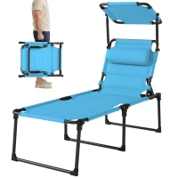 Outsunny Espreguiçadeira de Jardim com Toldo Ajustável Encosto Regulável em 4 Níveis Apoio de Cabeça para Terraço 70x200x45 cm Azul Claro(m-10)