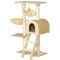 PawHut Cat Tree Tower for Indoor Cats Kitten Activity Centre Scratching Post w/ Hammock House Basket Ladder - Beige(m-10)