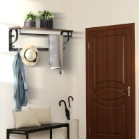 HOMCOM Estantería de Pared Balda Flotante con 5 Ganchos y 1 Barra para Colgar 66x30x27 cm Natural y Negro(m-10)
